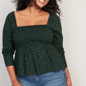 OLD NAVY Floral Smocked Babydoll Blouse for Women L | REGULAR Olive Floral NWT